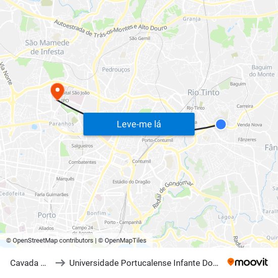 Cavada Nova to Universidade Portucalense Infante Dom Henrique map