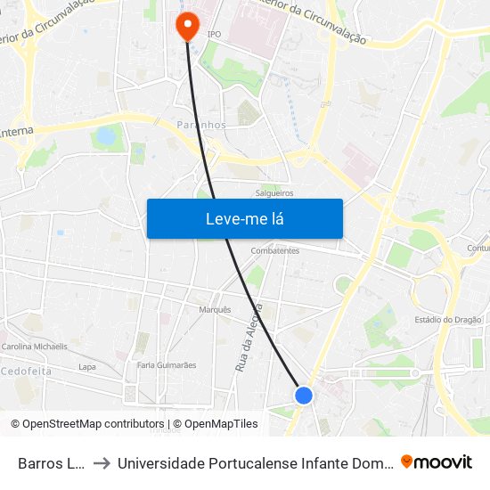 Barros Lima to Universidade Portucalense Infante Dom Henrique map