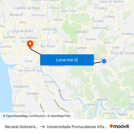 Recarei-Sobreira (Estação) to Universidade Portucalense Infante Dom Henrique map