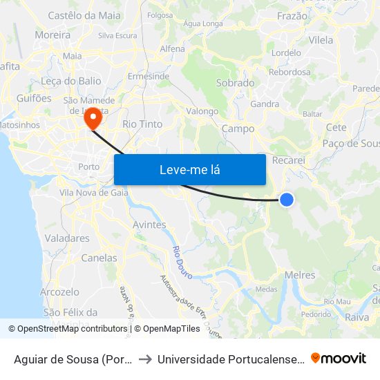 Aguiar de Sousa (Portela de Boncinhos) to Universidade Portucalense Infante Dom Henrique map