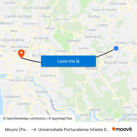 Mouriz (Perrace) to Universidade Portucalense Infante Dom Henrique map