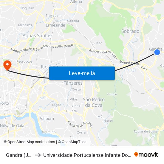 Gandra (Junta) to Universidade Portucalense Infante Dom Henrique map