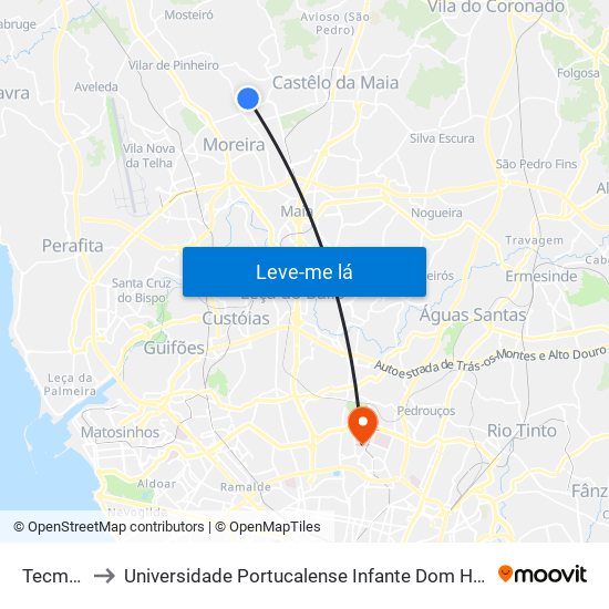 Tecmaia to Universidade Portucalense Infante Dom Henrique map