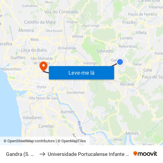 Gandra (S. Miguel) to Universidade Portucalense Infante Dom Henrique map