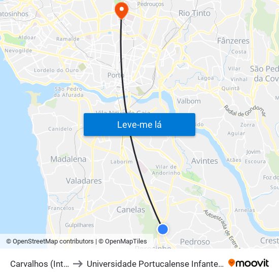 Carvalhos (Interface) to Universidade Portucalense Infante Dom Henrique map