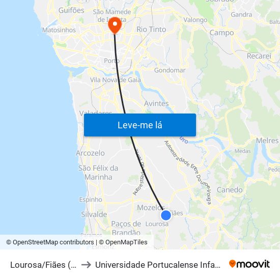 Lourosa/Fiães (Interface) to Universidade Portucalense Infante Dom Henrique map