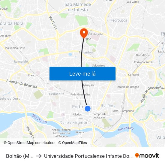 Bolhão (Metro) to Universidade Portucalense Infante Dom Henrique map