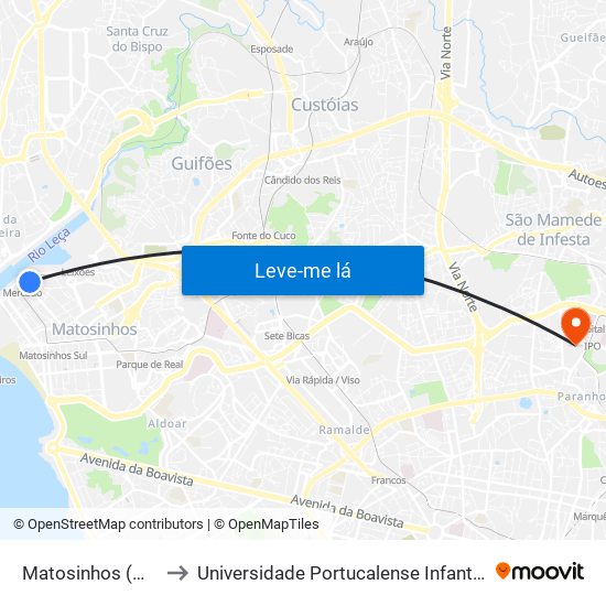 Matosinhos (Mercado) to Universidade Portucalense Infante Dom Henrique map