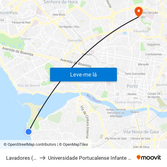 Lavadores (Praia) to Universidade Portucalense Infante Dom Henrique map