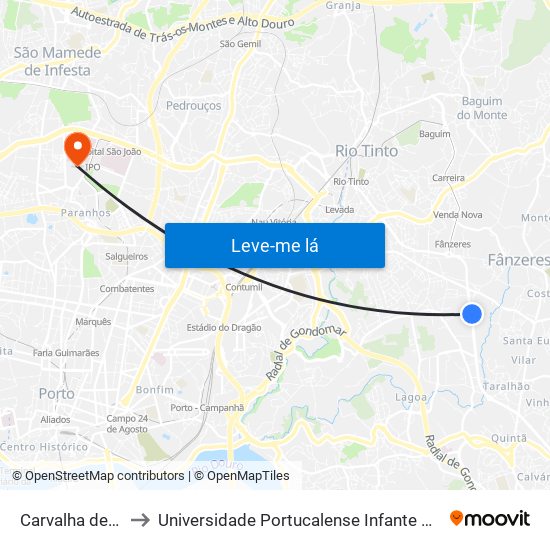 Carvalha de Baixo to Universidade Portucalense Infante Dom Henrique map