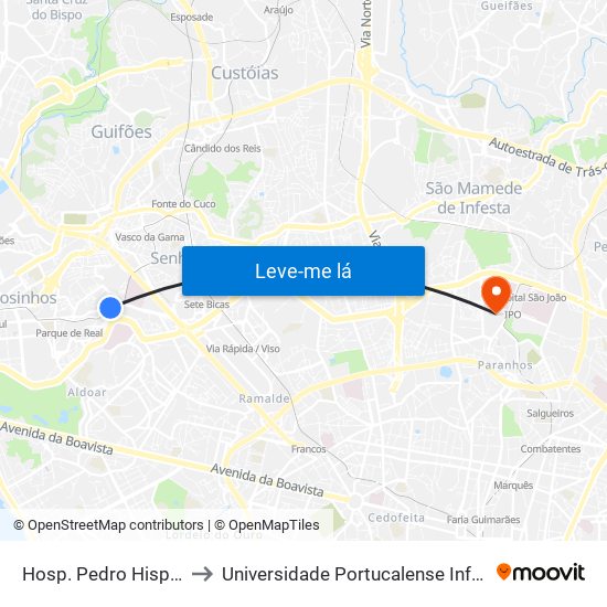 Hosp. Pedro Hispano (Metro) to Universidade Portucalense Infante Dom Henrique map