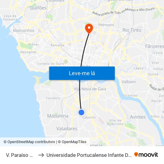 V. Paraíso Capela to Universidade Portucalense Infante Dom Henrique map