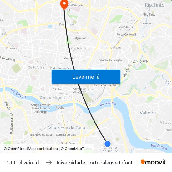 CTT Oliveira do Douro to Universidade Portucalense Infante Dom Henrique map