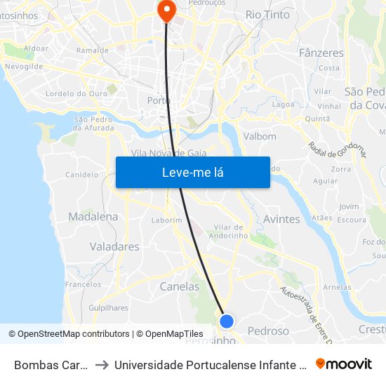 Bombas Carvalhos to Universidade Portucalense Infante Dom Henrique map