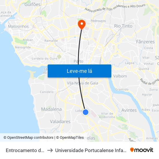 Entrocamento da Palmeira to Universidade Portucalense Infante Dom Henrique map