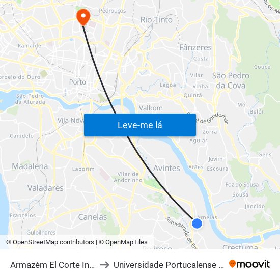 Armazém El Corte Inglês - S. Martinho to Universidade Portucalense Infante Dom Henrique map