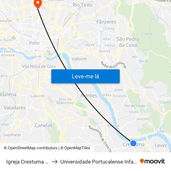Igreja Crestuma - Crestuma to Universidade Portucalense Infante Dom Henrique map