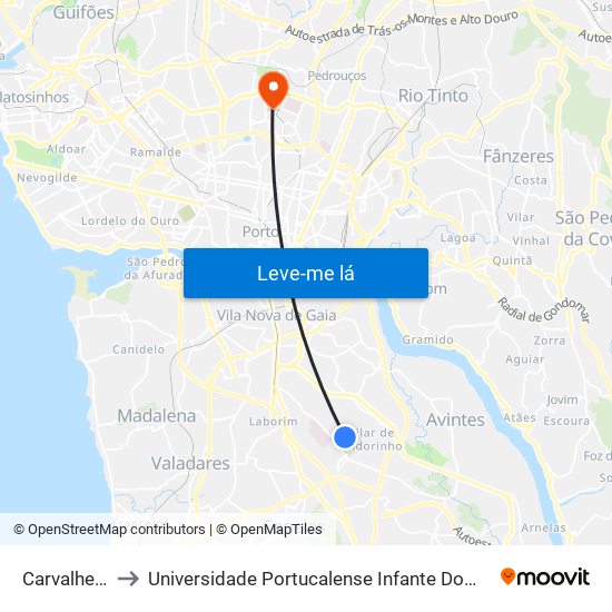 Carvalheiras to Universidade Portucalense Infante Dom Henrique map