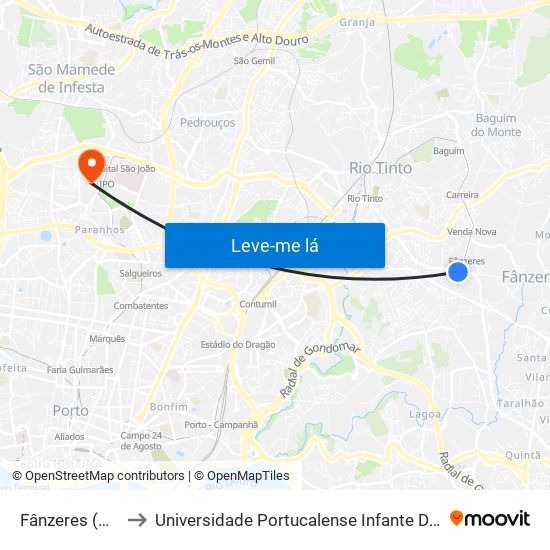 Fânzeres (Metro) to Universidade Portucalense Infante Dom Henrique map