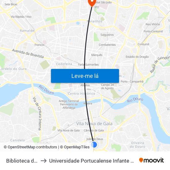 Biblioteca de Gaia to Universidade Portucalense Infante Dom Henrique map