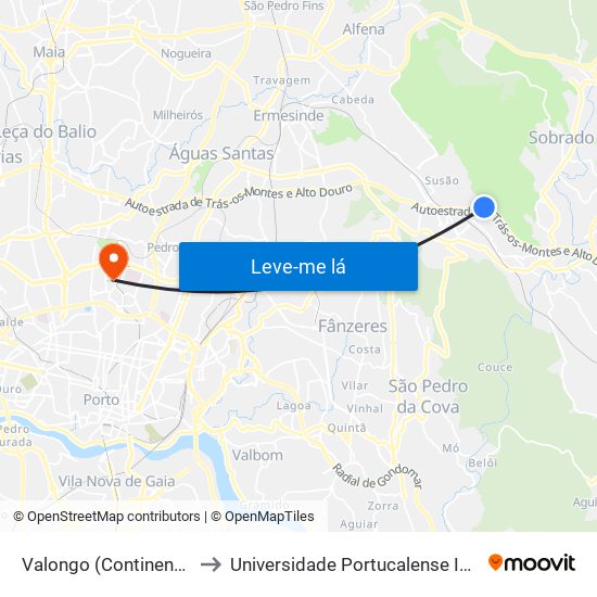 Valongo (Continente / Biblioteca) to Universidade Portucalense Infante Dom Henrique map