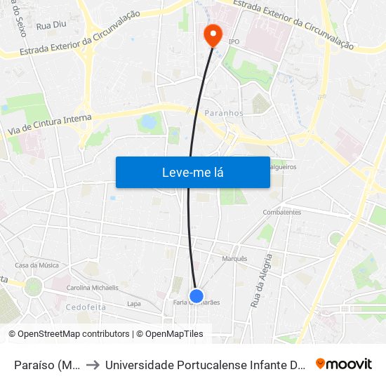 Paraíso (Metro) to Universidade Portucalense Infante Dom Henrique map