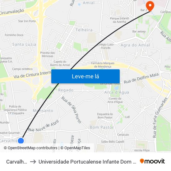 Carvalhido to Universidade Portucalense Infante Dom Henrique map