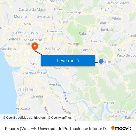 Recarei (Valvide) to Universidade Portucalense Infante Dom Henrique map