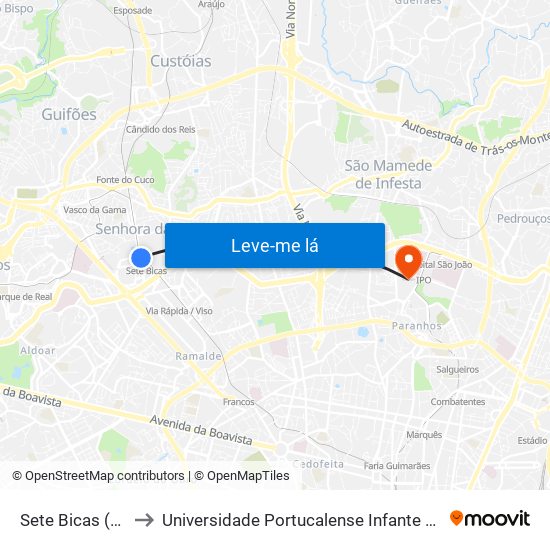 Sete Bicas (Metro) to Universidade Portucalense Infante Dom Henrique map