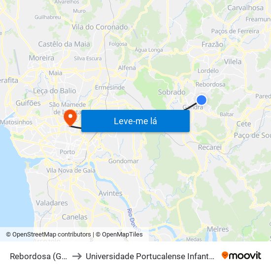 Rebordosa (Guardão) to Universidade Portucalense Infante Dom Henrique map