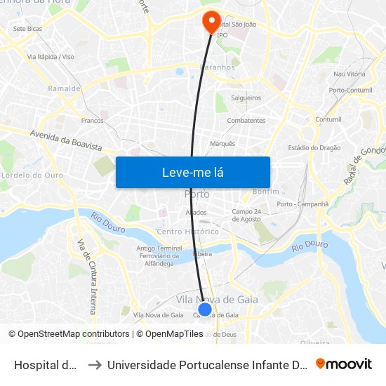 Hospital de Gaia to Universidade Portucalense Infante Dom Henrique map