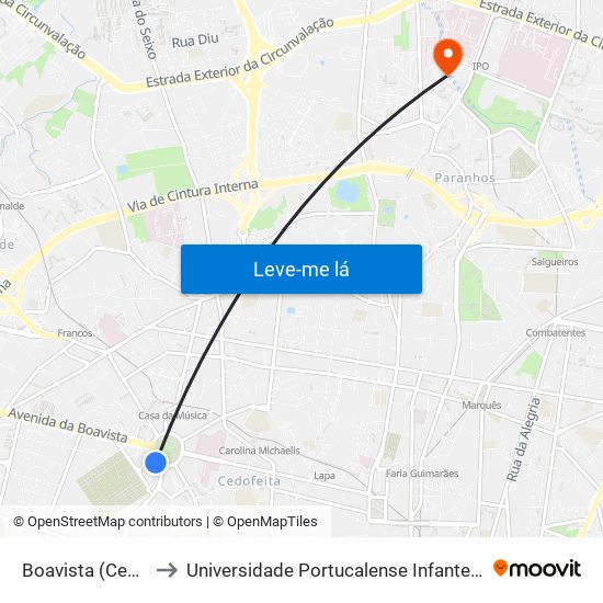 Boavista (Cemitério) to Universidade Portucalense Infante Dom Henrique map