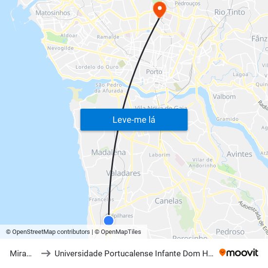 Miramar to Universidade Portucalense Infante Dom Henrique map