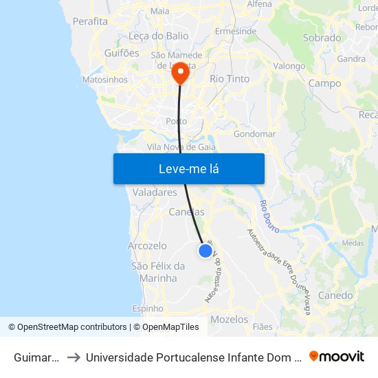 Guimarães to Universidade Portucalense Infante Dom Henrique map