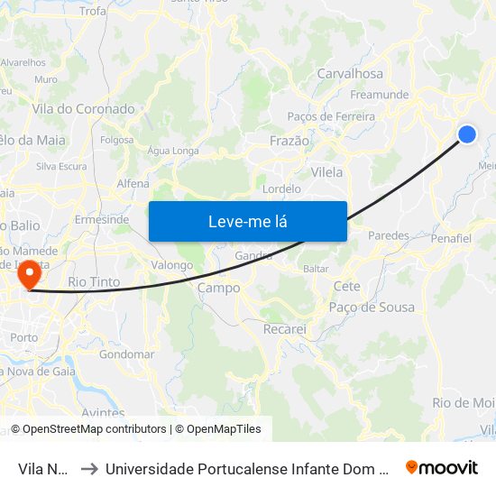 Vila Nova to Universidade Portucalense Infante Dom Henrique map