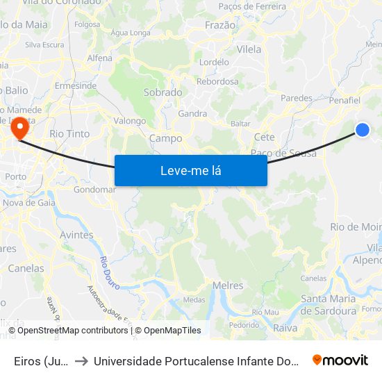 Eiros (Junta) to Universidade Portucalense Infante Dom Henrique map