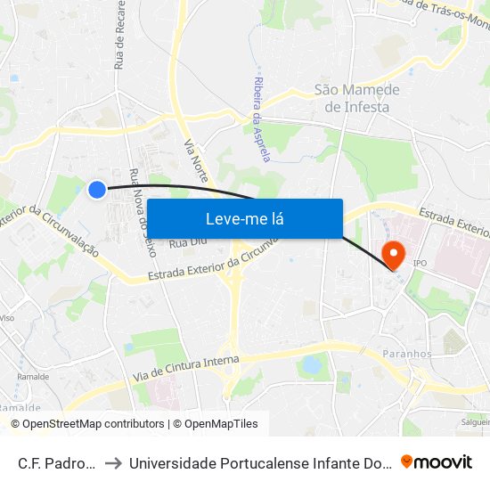 C.F. Padroense to Universidade Portucalense Infante Dom Henrique map