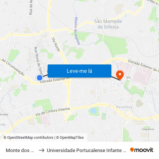Monte dos Burgos to Universidade Portucalense Infante Dom Henrique map
