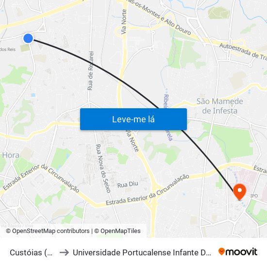 Custóias (Feira) to Universidade Portucalense Infante Dom Henrique map