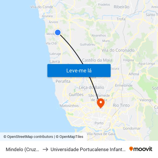 Mindelo (Cruzamento) to Universidade Portucalense Infante Dom Henrique map