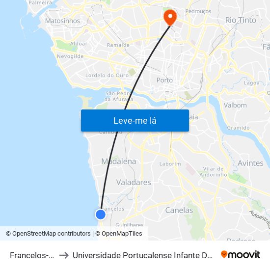 Francelos-Praia to Universidade Portucalense Infante Dom Henrique map