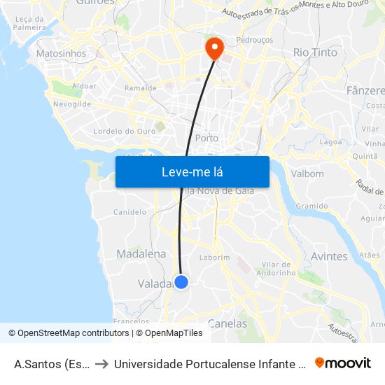 A.Santos (Escolas) to Universidade Portucalense Infante Dom Henrique map