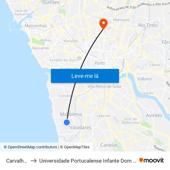 Carvalheiro to Universidade Portucalense Infante Dom Henrique map