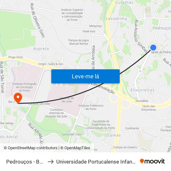 Pedrouços - Bombeiros to Universidade Portucalense Infante Dom Henrique map