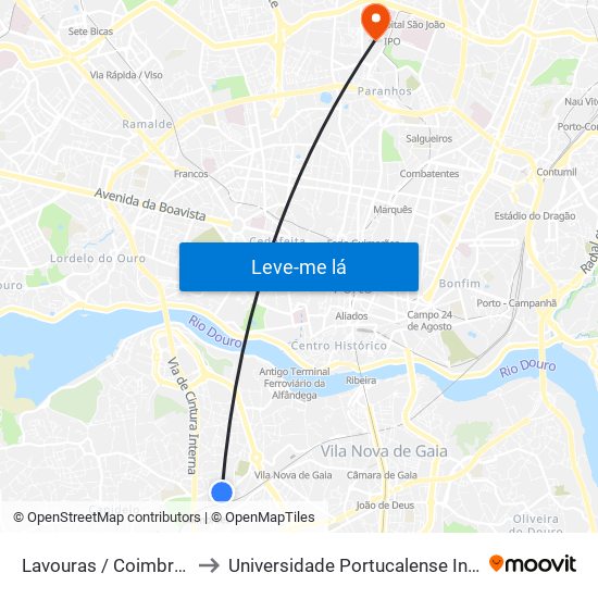 Lavouras / Coimbrões (Rotunda) to Universidade Portucalense Infante Dom Henrique map