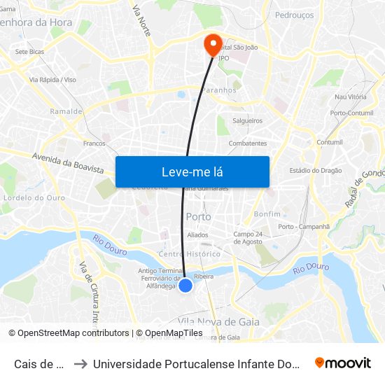 Cais de Gaia to Universidade Portucalense Infante Dom Henrique map