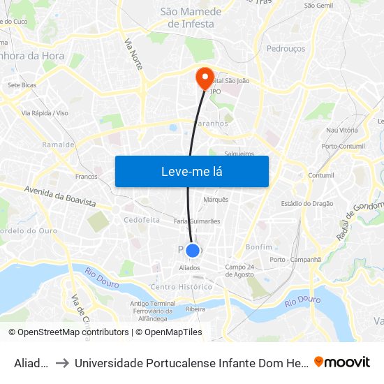 Aliados to Universidade Portucalense Infante Dom Henrique map