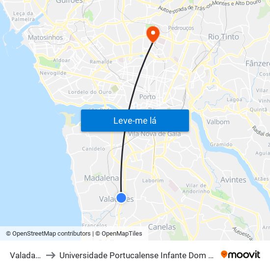 Valadares to Universidade Portucalense Infante Dom Henrique map