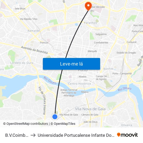B.V.Coimbrões to Universidade Portucalense Infante Dom Henrique map