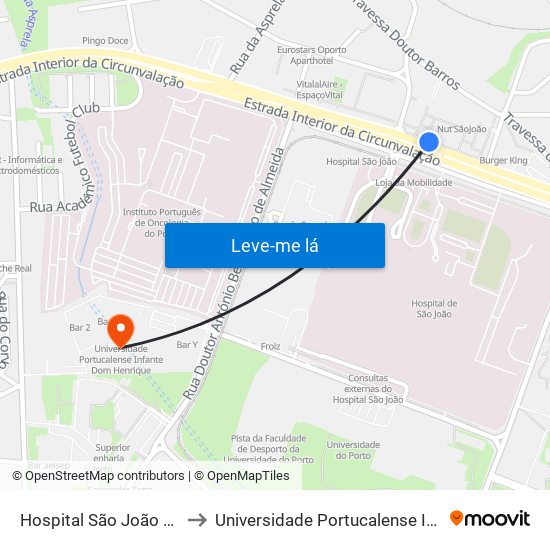 Hospital São João (Circunvalação) to Universidade Portucalense Infante Dom Henrique map